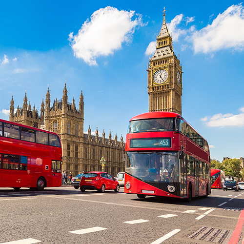 Big Ben, Westminster Bridge and red double decker bus in London, England, United Kingdom